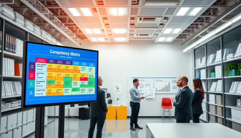 A brightly lit office environment with a contemporary design, featuring a large, detailed competency matrix displayed prominently on a digital screen in the foreground. The competency matrix showcases various skill levels in a grid format, using vibrant colors to distinguish between competencies and training modules. In the middle ground, a group of diverse professionals in business attire attentively discusses training records, surrounded by charts and graphs symbolizing compliance. The background includes shelves filled with neatly organized documents and compliance-related materials, creating a sense of order and professionalism. The scene is captured with a slight overhead angle, providing a dynamic perspective, and infused with a vibrant yet serious atmosphere that conveys the importance of training and documentation in chemical compliance. A brightly lit office environment with a contemporary design, featuring a large, detailed competency matrix displayed prominently on a digital screen in the foreground. The competency matrix showcases various skill levels in a grid format, using vibrant colors to distinguish between competencies and training modules. In the middle ground, a group of diverse professionals in business attire attentively discusses training records, surrounded by charts and graphs symbolizing compliance. The background includes shelves filled with neatly organized documents and compliance-related materials, creating a sense of order and professionalism. The scene is captured with a slight overhead angle, providing a dynamic perspective, and infused with a vibrant yet serious atmosphere that conveys the importance of training and documentation in chemical compliance.