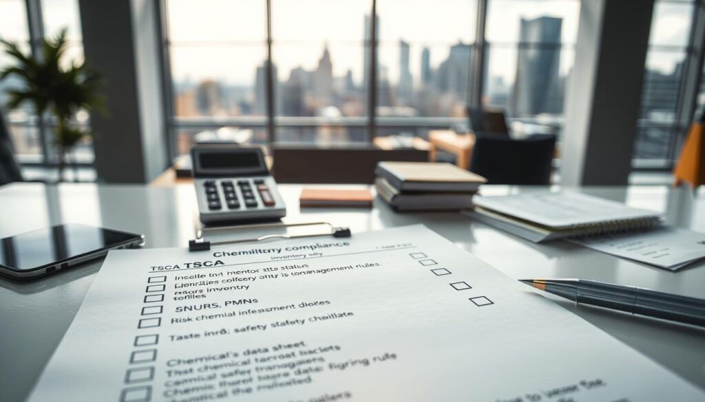 A detailed and organized TSCA chemical inventory compliance checklist, displayed on a modern, sleek desk. In the foreground, a checklist paper featuring bullet points and checkboxes, illustrated with clear, concise icons for each section related to inventory status, SNURs, PMNs, and risk management rules. The middle ground should include a professional-looking calculator and a few chemical safety data sheets, all neatly arranged. In the background, a bright, well-lit office space with a large window showcasing a cityscape, emphasizing a professional atmosphere. Soft, natural light filters through, casting gentle shadows, while the overall mood conveys diligence and compliance in an industrial setting. A detailed and organized TSCA chemical inventory compliance checklist, displayed on a modern, sleek desk. In the foreground, a checklist paper featuring bullet points and checkboxes, illustrated with clear, concise icons for each section related to inventory status, SNURs, PMNs, and risk management rules. The middle ground should include a professional-looking calculator and a few chemical safety data sheets, all neatly arranged. In the background, a bright, well-lit office space with a large window showcasing a cityscape, emphasizing a professional atmosphere. Soft, natural light filters through, casting gentle shadows, while the overall mood conveys diligence and compliance in an industrial setting.