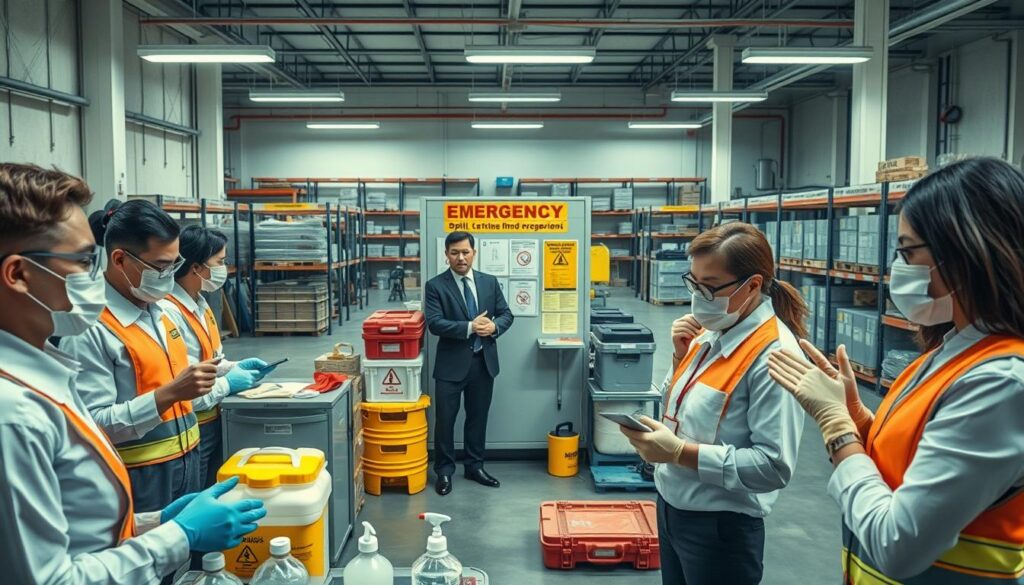 A detailed and vivid depiction of emergency procedures for chemical safety in an industrial setting. In the foreground, a diverse group of professionals in business attire demonstrates safety protocols, wearing gloves and goggles while handling hazardous materials responsibly. In the middle ground, a well-organized emergency station is equipped with safety kits, spill containment tools, and signage highlighting safety procedures. The background shows a warehouse filled with labeled chemical storage areas, with clear safety signage on the walls. Soft, diffused lighting illuminates the scene, creating a serious yet focused atmosphere. A slightly elevated angle captures the urgency and diligence of the professionals as they engage in these critical safety measures.
