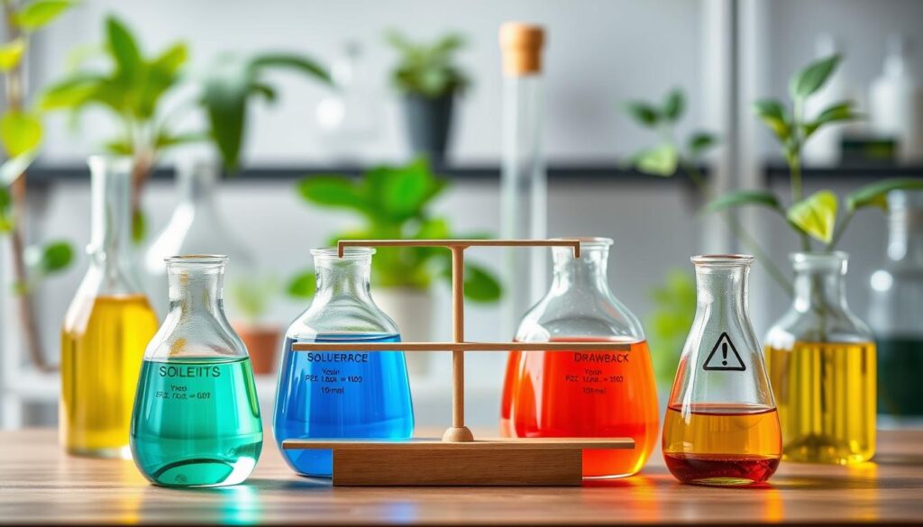 A detailed comparison of sustainable solvent alternatives, with three distinct sections highlighted in a visually engaging layout. In the foreground, place clear glass beakers filled with vibrant, eco-friendly solvents, showcasing colors like green, blue, and amber. In the middle ground, show a balanced scale weighing the pros and cons of each solvent, using illustrated icons for benefits (like a leaf symbol) and drawbacks (like a caution sign). The background should feature a laboratory setting with greenery, symbolizing sustainability. Utilize soft, natural lighting to create an inviting atmosphere, with a focus on clarity and professionalism. Angled slightly from above, the shot conveys an informative perspective while emphasizing the importance of choosing eco-friendly chemical solutions.