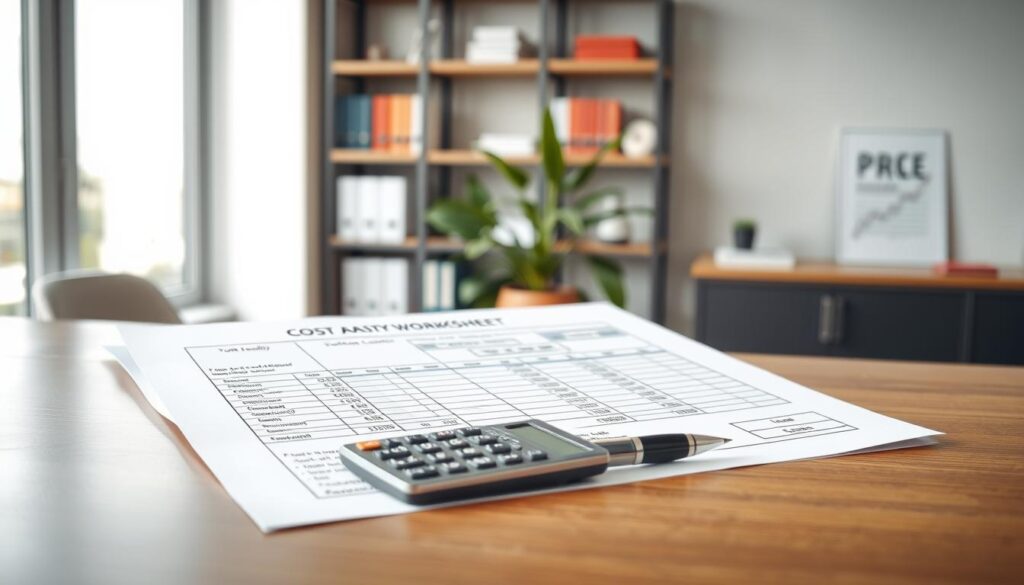 A detailed cost analysis worksheet example displayed as a printed document on a sleek wooden tabletop. In the foreground, the worksheet is filled with meticulously organized sections for total cost of ownership, including clear graphs and figures. In the middle, a high-quality calculator and a stylish pen rest beside the worksheet. The background features a soft-focus office environment with shelves holding industry-related books and a potted plant, creating a professional atmosphere. The lighting is bright and natural, coming from a large window to the left, highlighting the details of the worksheet. The camera is angled slightly above, giving a clear view of the content, evoking a sense of precision and focus on cost management in procurement.