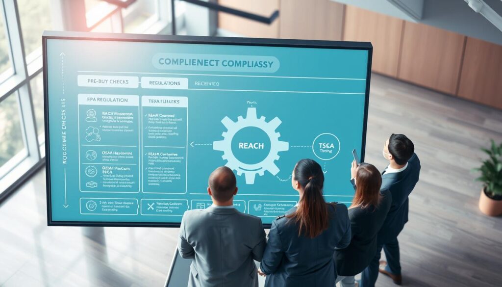 A detailed illustration of a procurement workflow compliance mapping, showcasing a structured process from pre-buy checks to receiving. In the foreground, a professional business team in smart attire collaborates around a large digital screen displaying compliance checklists and flowcharts. In the middle, visual elements represent key regulations (REACH, OSHA HazCom, TSCA, EPA) depicted as interconnected gears, symbolizing their integration into the procurement process. The background features a modern office environment with soft, natural lighting filtering through large windows, creating an inspiring atmosphere. The overall mood is focused and organized, emphasizing diligence in navigating compliance requirements. A clear overhead angle captures the team's engagement and the dynamic visual of the workflow. A detailed illustration of a procurement workflow compliance mapping, showcasing a structured process from pre-buy checks to receiving. In the foreground, a professional business team in smart attire collaborates around a large digital screen displaying compliance checklists and flowcharts. In the middle, visual elements represent key regulations (REACH, OSHA HazCom, TSCA, EPA) depicted as interconnected gears, symbolizing their integration into the procurement process. The background features a modern office environment with soft, natural lighting filtering through large windows, creating an inspiring atmosphere. The overall mood is focused and organized, emphasizing diligence in navigating compliance requirements. A clear overhead angle captures the team's engagement and the dynamic visual of the workflow.