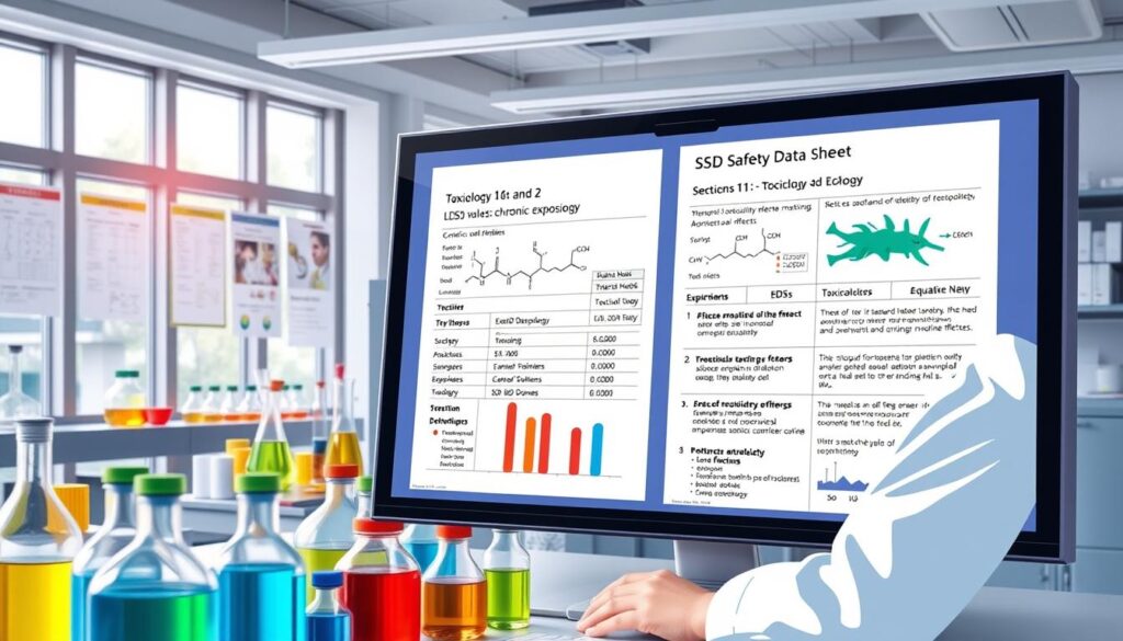 A detailed illustration of a toxicology data report featuring LD50 values for chronic exposure, presented on a digital screen in a modern laboratory setting. In the foreground, an analytical chemist in a lab coat examines data graphs and charts, surrounded by colorful vials and lab equipment. The middle layer includes clear visuals of a safety data sheet (SDS) showcasing Sections 11 and 12 on toxicology and ecology, reflecting aspects of aquatic toxicity and chronic health effects. The background displays a well-organized lab with scientific posters and natural light filtering through large windows, creating a sense of professionalism and clarity. The overall mood is informative and focused, emphasizing safety and meticulous analysis in environmental health.
