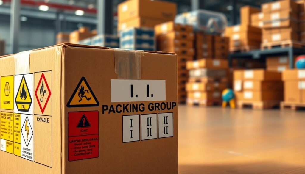 A detailed illustration of hazardous materials labeling and packing group markings. In the foreground, a close-up view of a well-organized shipping box displaying various hazard symbols, including flammable, toxic, and corrosive labels, each vividly colored for emphasis. The middle ground features a clear and concise packing group marking (e.g., I, II, III) displayed prominently, emphasizing correct shipping classifications. The background contains a faint outline of a shipping facility, showcasing stacks of boxes and safety equipment like goggles and gloves, indicating a workspace environment. Soft, warm lighting highlights the labels and markings, creating an informative yet engaging atmosphere. The angle is slightly tilted to draw attention to the details while maintaining a professional and educational mood.