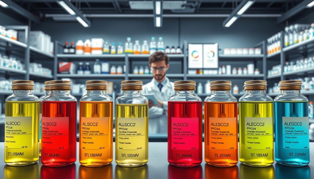 A detailed illustration showcasing a side-by-side comparison of various industrial chemicals' properties. In the foreground, transparent vials containing different colored liquids, each labeled with chemical names and their respective properties such as viscosity, pH, and density. In the middle ground, a sleek, modern laboratory setup with scientific instruments, charts, and a technician in professional attire analyzing data. The background features a well-organized industrial lab environment with shelves containing chemical containers and equipment. Utilize soft, diffused lighting to enhance the clarity of the liquids and create a clean, professional atmosphere. The angle should be from slightly above, offering a comprehensive view of both the samples and the workspace, evoking a focused, scientific ambiance.