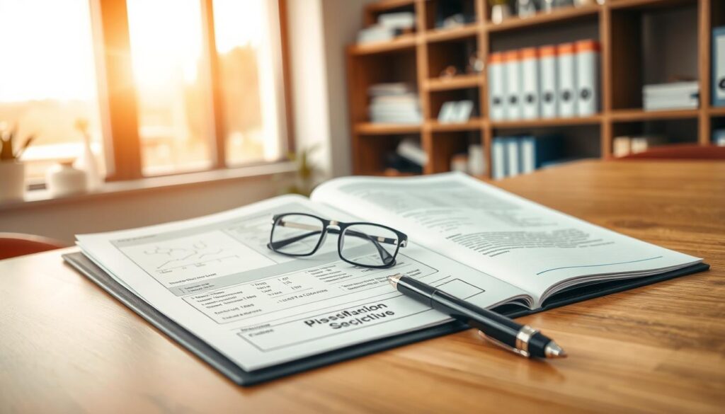 A detailed product specifications document laid out on a sleek, modern wooden desk. The foreground features an open folder showcasing neatly organized pages filled with technical diagrams, chemical symbols, and specifications outlined in clear, professional formatting. In the middle ground, a pair of reading glasses rests beside a high-quality pen, emphasizing a work environment. The background is softly blurred to reveal a stylish office space with shelves filled with chemical reference books and sample containers. Warm, natural lighting filters through a nearby window, creating a calm, serious atmosphere conducive to professionalism and focus. The overall composition conveys a sense of meticulousness and clarity, ideal for supplier documentation in the context of chemical grades.