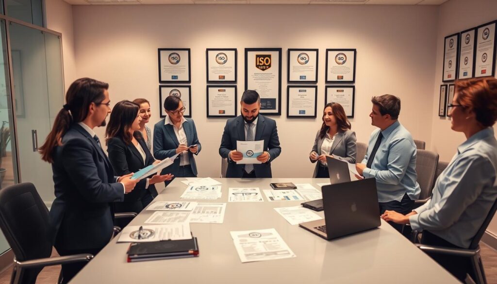 A detailed representation of ISO certification standards for supplier verification, showcasing a professional setting. In the foreground, a diverse group of business professionals in formal attire is engaged in a collaborative discussion, with one presenting a certification document. The middle ground features a large, modern conference table covered with related paperwork, charts, and a laptop displaying an ISO logo. The background displays a wall adorned with framed ISO certification posters and industry awards. Bright, ambient lighting casts a warm glow over the scene, enhancing focus on the professionals. Shot from a slight upward angle to convey a sense of importance and authority. The overall atmosphere is one of diligence, professionalism, and commitment to industry standards. A detailed representation of ISO certification standards for supplier verification, showcasing a professional setting. In the foreground, a diverse group of business professionals in formal attire is engaged in a collaborative discussion, with one presenting a certification document. The middle ground features a large, modern conference table covered with related paperwork, charts, and a laptop displaying an ISO logo. The background displays a wall adorned with framed ISO certification posters and industry awards. Bright, ambient lighting casts a warm glow over the scene, enhancing focus on the professionals. Shot from a slight upward angle to convey a sense of importance and authority. The overall atmosphere is one of diligence, professionalism, and commitment to industry standards.