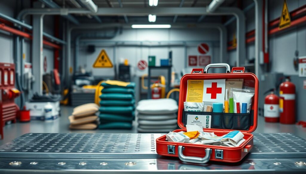 A detailed scene depicting emergency response equipment for chemical spills and first aid, prominently featuring a colorful first aid kit, chemical spill containment materials like absorbent pads and booms, and a fire extinguisher. In the foreground, a sturdy metal table holds a well-organized first aid kit, showcasing its open contents like bandages, antiseptics, and gloves. In the middle, a variety of spill response tools are neatly arranged, with a clear view of absorbent materials and the fire extinguisher. The background features a well-lit industrial setting with safety signage and hazard symbols, conveying a professional mood. The lighting is bright and clinical, enhancing the sense of readiness and safety. The image captures the essence of emergency preparedness with a clean and structured composition.
