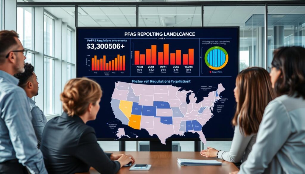 A detailed visual representation of the PFAS reporting compliance landscape. In the foreground, a diverse group of professionals in business attire engage in a discussion over a large digital screen displaying colorful graphs and statistics related to PFAS regulations. The middle ground features an infographic-style map highlighting various states and their specific reporting requirements for PFAS chemicals. The background shows a corporate office setting with large windows letting in natural light, creating a bright and focused atmosphere. The mood is serious yet collaborative, emphasizing the importance of compliance and environmental safety. The image is captured with a 24mm lens, ensuring a wide-angle view that draws attention to both the team and the informative display without any text or overlays.