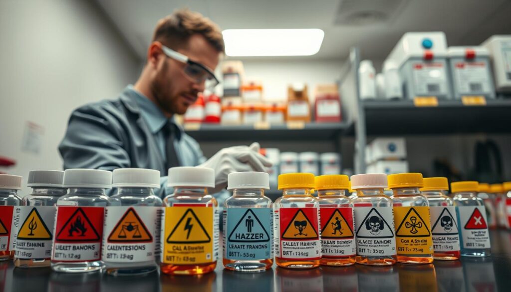 A detailed workspace featuring GHS labeling for chemical mixtures and small containers prominently displayed. In the foreground, several small containers with vibrant, clearly defined GHS labels showcasing hazard symbols like flames, exclamation marks, and skulls. The middle ground captures shelves filled with various chemical kits, labeled and organized systematically. A professional in business attire is examining a container, ensuring compliance, while wearing safety goggles. The background has a well-lit laboratory environment with neutral tones, emphasizing safety equipment like gloves and goggles. Soft overhead lighting enhances the focus on the labels, creating a professional and informative atmosphere, underscoring workplace safety and compliance in handling chemical mixtures.