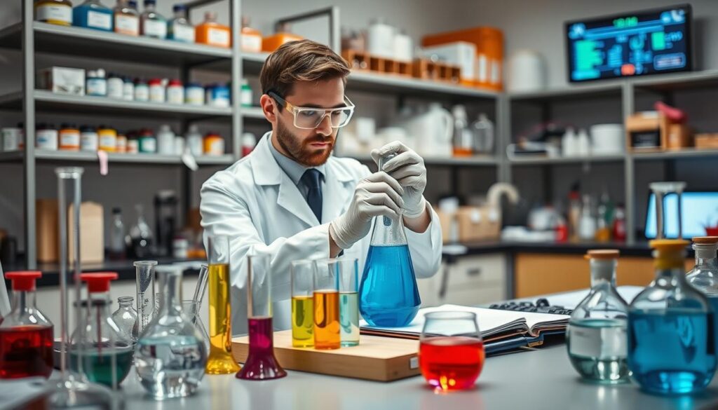 A laboratory setting showcasing chemical application testing, featuring a well-organized lab bench with various glassware and chemical samples arranged meticulously. In the foreground, a focused researcher in a crisp lab coat and safety goggles is conducting a compatibility test, pouring a bright blue liquid from one flask to another, with a clipboard and notes nearby. The middle ground includes a variety of test tubes and beakers filled with colorful liquids, some with bubbling reactions, indicating active experimentation. The background reveals shelves lined with labeled chemical containers and a digital display showing experimental data. Soft, focused lighting highlights the action on the bench, while a shallow depth of field draws attention to the researcher’s precise movements, creating a dynamic and professional atmosphere of scientific inquiry and verification.
