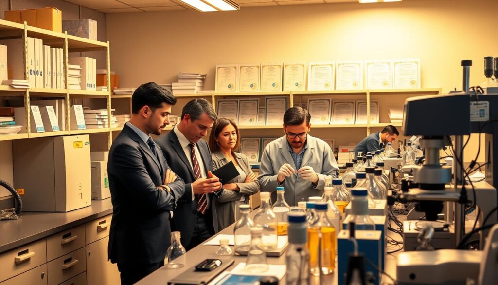 A laboratory setting showcasing the ISO and ASTM certification testing process. In the foreground, a diverse group of professionals in business attire meticulously examines a chemical product on a workstation, surrounded by high-tech equipment. In the middle ground, testing apparatus like beakers, spectrometers, and quality control charts are prominently displayed, emphasizing precision and attention to detail. The background features shelves filled with reference materials and certifications, highlighting industry standards. Warm, bright lighting illuminates the scene, casting soft shadows to create a focused atmosphere. The angle captures both the human element and the intricate tools of testing, conveying a mood of professionalism, diligence, and commitment to quality assurance in chemical product selection. A laboratory setting showcasing the ISO and ASTM certification testing process. In the foreground, a diverse group of professionals in business attire meticulously examines a chemical product on a workstation, surrounded by high-tech equipment. In the middle ground, testing apparatus like beakers, spectrometers, and quality control charts are prominently displayed, emphasizing precision and attention to detail. The background features shelves filled with reference materials and certifications, highlighting industry standards. Warm, bright lighting illuminates the scene, casting soft shadows to create a focused atmosphere. The angle captures both the human element and the intricate tools of testing, conveying a mood of professionalism, diligence, and commitment to quality assurance in chemical product selection.