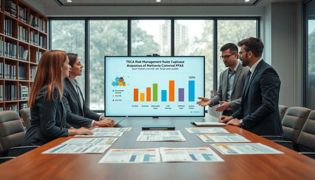 A modern office environment featuring a large conference table and chemical compliance documents spread across it. In the foreground, a diverse group of three professionals in business attire are engaged in a discussion, with one presenting a graph illustrating the TSCA risk management rules related to asbestos, methylene chloride, and PFAS. The middle ground highlights a digital screen displaying key statistics and visuals associated with chemical safety, while a series of risk management charts are neatly arranged on the table. The background shows a bookshelf filled with regulatory texts and compliance guides, emphasizing the importance of safety. Soft, natural lighting filters through large windows, creating an inspiring and focused atmosphere. The image conveys professionalism and diligence in the realm of chemical compliance and risk management.
