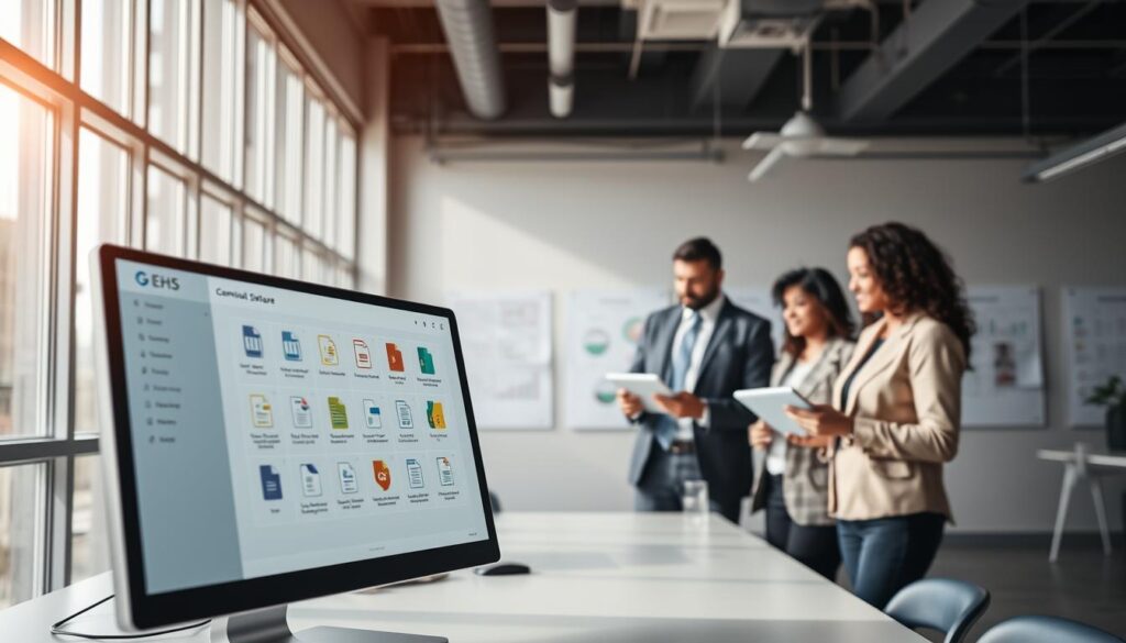 A modern office environment showcasing a centralized repository for EHS software. In the foreground, a sleek computer screen displays a user-friendly dashboard with various icons representing chemical compliance documents, highlighting organization and accessibility. In the middle, a professional, diverse group of individuals dressed in business attire engage in discussion, interacting with digital tablets and displaying teamwork. The background features an open, well-lit workspace with whiteboards filled with charts and compliance metrics. Soft, natural lighting filters through large windows, creating a productive and positive atmosphere. The image should capture a sense of innovation and efficiency in documentation and recordkeeping practices for chemical compliance. A modern office environment showcasing a centralized repository for EHS software. In the foreground, a sleek computer screen displays a user-friendly dashboard with various icons representing chemical compliance documents, highlighting organization and accessibility. In the middle, a professional, diverse group of individuals dressed in business attire engage in discussion, interacting with digital tablets and displaying teamwork. The background features an open, well-lit workspace with whiteboards filled with charts and compliance metrics. Soft, natural lighting filters through large windows, creating a productive and positive atmosphere. The image should capture a sense of innovation and efficiency in documentation and recordkeeping practices for chemical compliance.