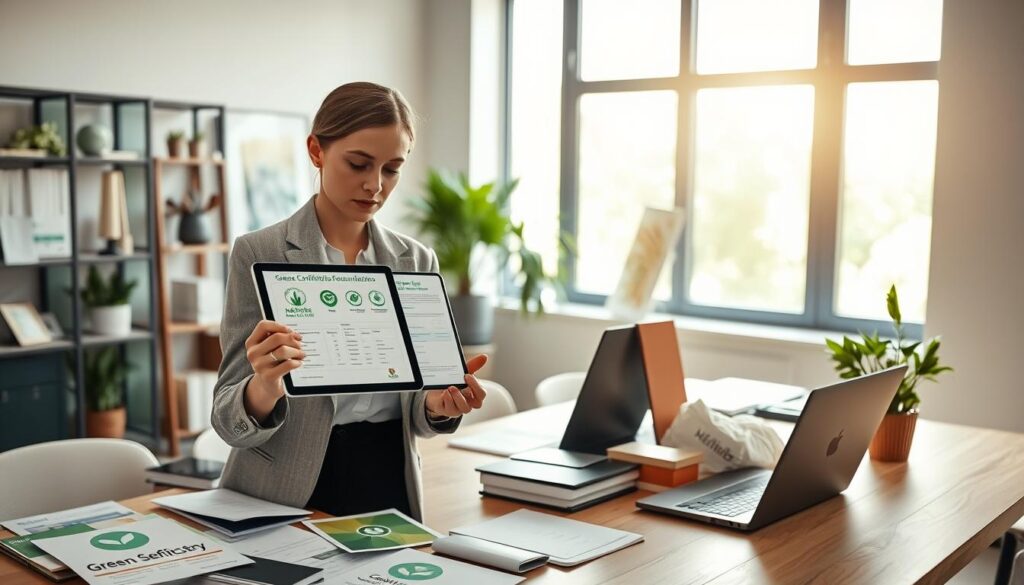 A professional and modern office environment showcasing the process of verifying eco-credentials for a green chemicals supplier. In the foreground, a focused businesswoman in smart casual attire examines a digital tablet displaying eco-certifications of a supplier, surrounded by eco-friendly branding materials. In the middle ground, a well-organized desk cluttered with green chemistry documents, a laptop, and a potted plant emphasizes sustainability. The background features a large, bright window letting in natural light, illuminating the space and creating a positive, hopeful atmosphere. The camera is positioned at a slightly elevated angle, capturing the intent focus of the businesswoman and the significance of supplier verification in a detailed and informative manner.