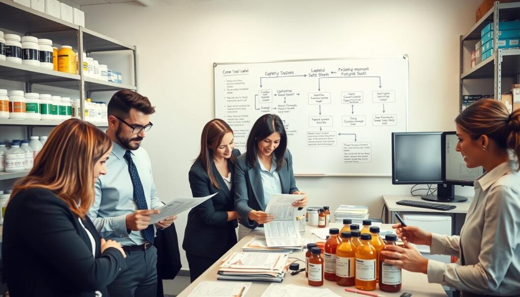 A professional office environment showcasing a detailed "SDS revision label update process." In the foreground, a diverse group of employees in business attire collaborate around a table filled with chemical product samples and updated Safety Data Sheets. One employee is carefully inspecting a new label design, while another is reviewing documentation. The middle ground features a whiteboard displaying a flowchart outlining the steps for updating labels and compliance checks. In the background, shelves filled with chemical containers and a computer workstation with dual monitors showcase software used for label generation. Soft, natural lighting floods the space, creating a focused yet approachable atmosphere. The composition should be captured from a slightly elevated angle to encompass the collaborative effort and the organized workspace.