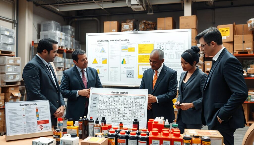 A professional training session on hazmat shipping focusing on "Lithium Batteries, Aerosols, Flammables" in a well-lit warehouse environment. In the foreground, a diverse group of four individuals in professional business attire attentively examining a labeled UN number chart on a table filled with hazardous material samples. The middle layer features a large whiteboard displaying colorful diagrams and safety protocols, alongside official shipping documents and containers. The background shows shelves stocked with labeled hazardous materials, conveying an organized, compliant atmosphere. Soft, diffused lighting illuminates the scene, highlighting the seriousness and educational intent of the training. The mood is focused and informative, emphasizing the importance of safety and compliance in hazmat shipping.