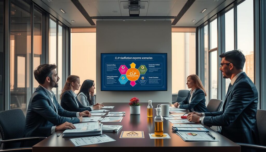 A sophisticated and informative scene illustrating "CLP classification exposure scenarios." In the foreground, a professional business meeting is taking place; diverse individuals in business attire are collaborating over a table filled with chemical safety data sheets and hazard symbols. In the middle ground, graphic representations of the CLP classification system are displayed on a digital screen, highlighting harmonized entries and self-classification pitfalls through vibrant infographics. The background features a sleek modern office with large windows allowing soft natural light to flood the space, casting a warm glow. The atmosphere is focused and collaborative, embodying a commitment to chemical safety compliance. Capture this scene using a slight overhead angle to provide a clear view of the table, ensuring all elements are well-lit and visually engaging. A sophisticated and informative scene illustrating "CLP classification exposure scenarios." In the foreground, a professional business meeting is taking place; diverse individuals in business attire are collaborating over a table filled with chemical safety data sheets and hazard symbols. In the middle ground, graphic representations of the CLP classification system are displayed on a digital screen, highlighting harmonized entries and self-classification pitfalls through vibrant infographics. The background features a sleek modern office with large windows allowing soft natural light to flood the space, casting a warm glow. The atmosphere is focused and collaborative, embodying a commitment to chemical safety compliance. Capture this scene using a slight overhead angle to provide a clear view of the table, ensuring all elements are well-lit and visually engaging.