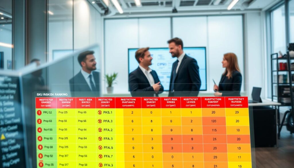 A sophisticated visualization of SKU risk ranking and substitution strategy, prominently displayed in the foreground. Feature a multi-layered digital dashboard with a color-coded grid illustrating various SKUs, each marked with risk levels using vibrant reds, yellows, and greens. Include icons for restricted substances relevant to Prop 65, RoHS, and PFAS. In the middle ground, show a team of three professional business attire-wearing individuals discussing and analyzing the data on a large screen, with focus on collaboration. The background should display a modern office environment with soft lighting, emphasizing a productive atmosphere. Use an angled perspective to create depth, highlighting the urgency and importance of compliance and strategic planning in an engaging yet professional manner.
