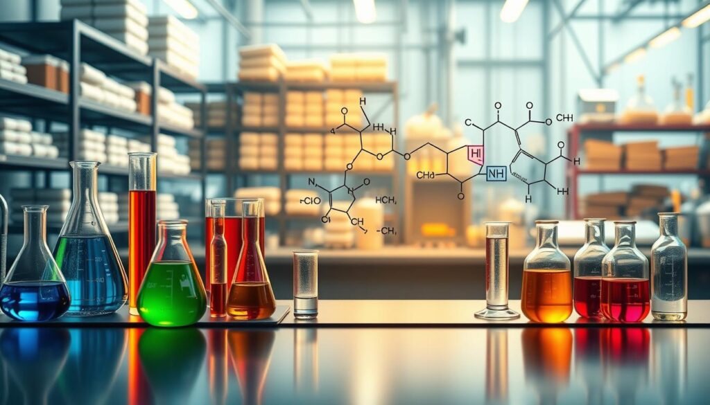 A visually striking, informative illustration that embodies "Core Chemical Properties." In the foreground, depict a sleek laboratory table with various glassware—beakers, flasks, and test tubes—filled with vibrant colored liquids representing different chemical properties. In the middle ground, showcase a detailed, stylized chemical structure diagram, featuring molecular models and labels that highlight essential relationships and functionalities. In the background, create a softly lit industrial setting with shelves organized with containers of raw materials and advanced machinery. Use warm lighting to evoke a sense of innovation and professionalism, with a slightly blurred focus on the background to emphasize the chemical processes at play. Overall, the atmosphere should convey a sense of precision, expertise, and scientific creativity.