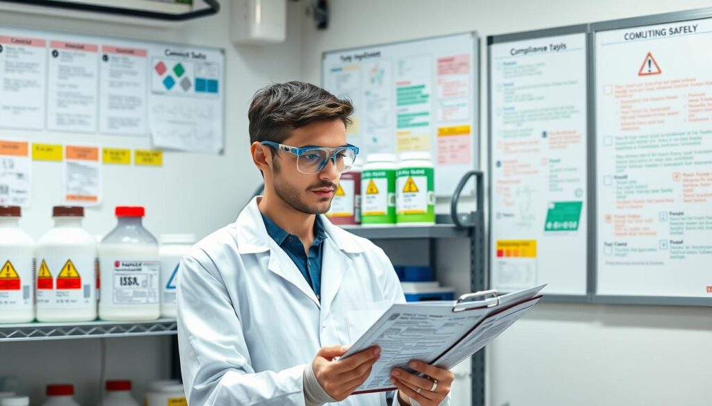 A well-organized industrial laboratory scene focusing on chemical safety compliance. In the foreground, a professional wearing a lab coat and safety goggles is inspecting safety data sheets on a clipboard. In the middle ground, there are labeled chemical containers on a sturdy shelf, featuring clear hazard symbols in vibrant colors. The background showcases a whiteboard filled with colorful safety protocols and compliance checklists, emphasizing a culture of safety. The lighting is bright and clinical, creating a clear atmosphere of professionalism and vigilance. The image should be captured from a slightly elevated angle to provide depth, showcasing both the laboratory workspace and the compliance documentation clearly.