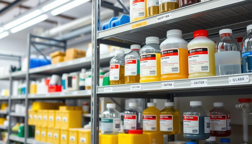 A detailed composition focusing on materials compatibility in storage solutions for corrosives, toxics, and oxidizers. In the foreground, show a well-structured shelf equipped with metal hardware, featuring anti-tip bars and high lip heights, designed for safety. The middle ground highlights various chemical containers with clear labeling, each constructed from different materials like glass, plastic, and metal, demonstrating compatibility with the stored substances. The background reveals an organized storage area in a laboratory setting, with soft industrial lighting casting a neutral glow that enhances clarity. The atmosphere is professional and safe, with no human figures present, emphasizing the importance of safety and compliance in chemical storage. Utilize a wide-angle lens for a comprehensive view, ensuring everything is visually accessible and educational. A detailed composition focusing on materials compatibility in storage solutions for corrosives, toxics, and oxidizers. In the foreground, show a well-structured shelf equipped with metal hardware, featuring anti-tip bars and high lip heights, designed for safety. The middle ground highlights various chemical containers with clear labeling, each constructed from different materials like glass, plastic, and metal, demonstrating compatibility with the stored substances. The background reveals an organized storage area in a laboratory setting, with soft industrial lighting casting a neutral glow that enhances clarity. The atmosphere is professional and safe, with no human figures present, emphasizing the importance of safety and compliance in chemical storage. Utilize a wide-angle lens for a comprehensive view, ensuring everything is visually accessible and educational.