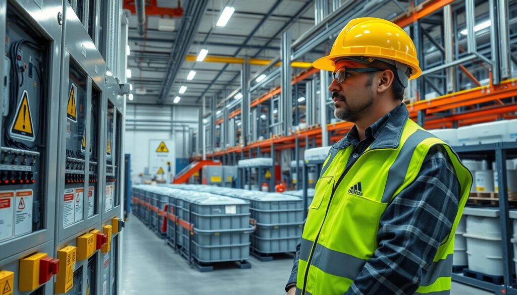 A detailed industrial warehouse scene showcasing electrical classification for hazardous area safety. In the foreground, a professional engineer dressed in a safety helmet and high-visibility vest is inspecting intricate electrical panels with clear hazard markings. In the middle ground, various safety signs and labels indicating explosive zones and proper grounding techniques are visible. The background features rows of clearly organized chemical storage containers, each equipped with safety equipment like spill kits and fire extinguishers. The lighting is bright and even, simulating a well-lit warehouse environment, while the camera angle is slightly elevated to provide a comprehensive view. The overall atmosphere conveys a sense of vigilance and compliance with safety standards, emphasizing the importance of ignition source control.