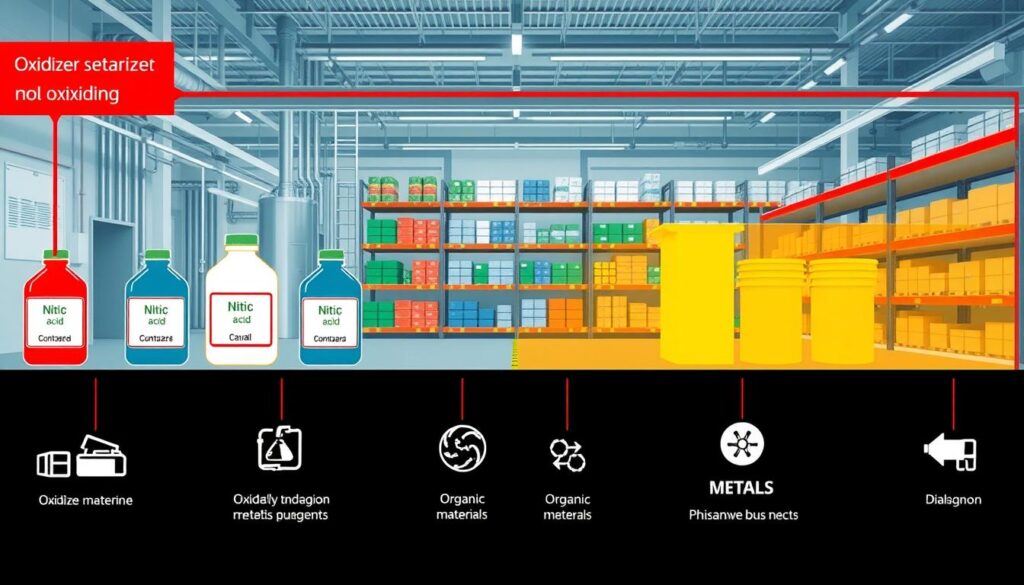 A detailed oxidizer separation diagram illustrating the safe storage of oxidizing agents. In the foreground, clearly labeled container icons representing various oxidizers, such as nitric acid, all positioned away from symbols for organic materials and metals. The middle section features a well-organized storage area, with color-coded shelves: bright red for oxidizers, green for organics, and blue for metals. The background includes a clean, modern industrial facility with clear lighting casting soft shadows to enhance visibility. The overall atmosphere is informative and professional, embodying a sense of safety and compliance. Use a clean, technical style with meticulous lines and precise measurements, ensuring that no human figures are present. A detailed oxidizer separation diagram illustrating the safe storage of oxidizing agents. In the foreground, clearly labeled container icons representing various oxidizers, such as nitric acid, all positioned away from symbols for organic materials and metals. The middle section features a well-organized storage area, with color-coded shelves: bright red for oxidizers, green for organics, and blue for metals. The background includes a clean, modern industrial facility with clear lighting casting soft shadows to enhance visibility. The overall atmosphere is informative and professional, embodying a sense of safety and compliance. Use a clean, technical style with meticulous lines and precise measurements, ensuring that no human figures are present.