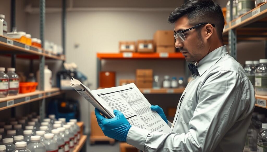 A detailed scene illustrating the "Chemical Receiving Workflow" with a focus on an employee reviewing Safety Data Sheets (SDS) before moving chemicals into storage. In the foreground, a professional in business attire is holding an SDS booklet, inspecting labels on translucent chemical containers. The middle ground features a well-organized receiving area, with clearly labeled shelves and protective equipment like gloves and goggles placed neatly. In the background, soft lighting illuminates the space, creating a clean and safe atmosphere. The angle captures the workflow from a slightly elevated viewpoint, emphasizing orderliness and safety protocols. Overall, the mood is focused and professional, highlighting the importance of compliance in chemical handling.