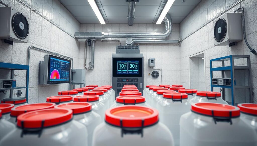 A modern cold storage facility for chemicals, showcasing advanced technology to prevent condensation and corrosion. In the foreground, there are large, clear storage containers with vibrant colored labels indicating different chemicals, all neatly organized. The middle shows a high-tech monitoring system displaying real-time temperature and humidity levels on digital screens. The background features insulated walls with condensation prevention mechanisms, like dehumidifiers and ventilation systems. Soft, cool lighting illuminates the space, enhancing the clinical and efficient atmosphere. The angle captures the room in a slight bird’s-eye view, emphasizing the orderly layout. The overall mood is professional and focused on maintaining optimal storage conditions, ensuring product integrity. A modern cold storage facility for chemicals, showcasing advanced technology to prevent condensation and corrosion. In the foreground, there are large, clear storage containers with vibrant colored labels indicating different chemicals, all neatly organized. The middle shows a high-tech monitoring system displaying real-time temperature and humidity levels on digital screens. The background features insulated walls with condensation prevention mechanisms, like dehumidifiers and ventilation systems. Soft, cool lighting illuminates the space, enhancing the clinical and efficient atmosphere. The angle captures the room in a slight bird’s-eye view, emphasizing the orderly layout. The overall mood is professional and focused on maintaining optimal storage conditions, ensuring product integrity.