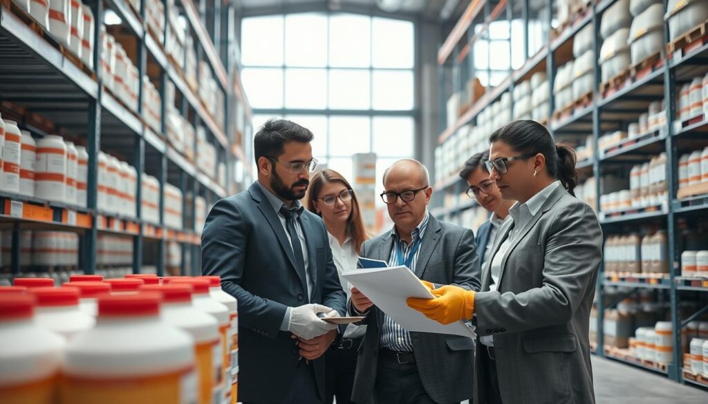 A modern industrial warehouse environment focused on chemical safety during the management of change. In the foreground, a diverse team of safety professionals in business attire examines a new chemical storage system, wearing safety goggles and gloves, while poring over documentation. In the middle ground, shelves filled with clearly labeled chemical containers demonstrate best practices in storage and organization. The background features large windows allowing bright, natural light to illuminate the space, enhancing the sense of clarity and safety. The overall atmosphere is one of professionalism and diligence, embodying a commitment to workplace safety and compliance in chemical management. The lens captures a wide-angle view, emphasizing the scale and importance of safe storage practices.