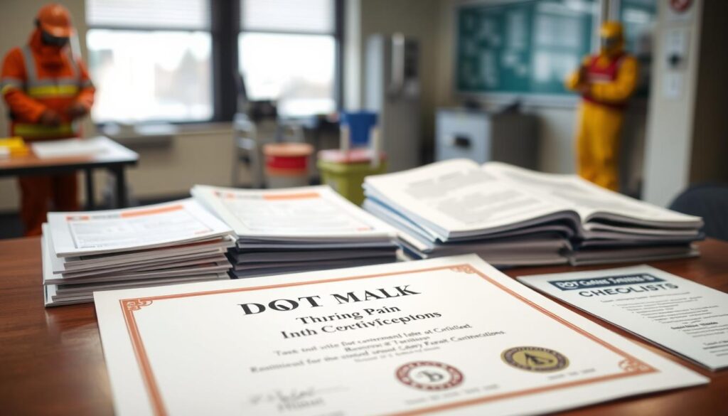 A professional setting showcasing a DOT hazmat training certificate prominently displayed on a desk, surrounded by various training materials such as manuals, checklists, and safety guidelines. In the foreground, the certificate should be vivid with a seal, emphasizing its authenticity. The middle layer features the training manuals in neat stacks, with some pages slightly open to display key content. The background includes a soft-focus view of a classroom environment with equipped training aids, such as hazmat suits and safety equipment, conveying an educational atmosphere. Use soft, natural lighting to create a welcoming vibe, with a slight depth of field to focus on the certificate and materials, ensuring a professional and informative mood.