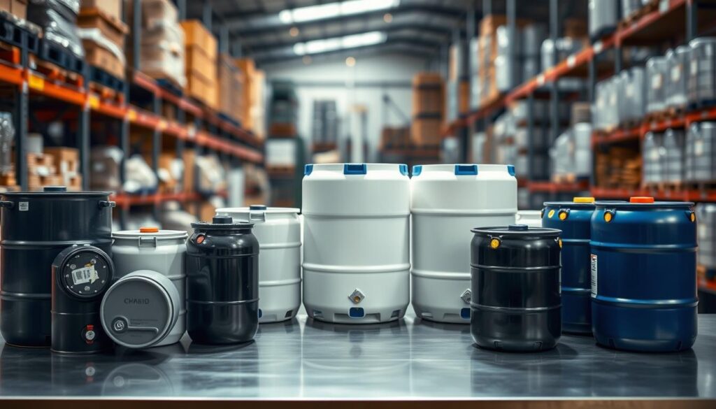 A professional setting showcasing various UN-rated drums and Intermediate Bulk Containers (IBCs) designed for chemical packaging. In the foreground, focus on distinct types of drums and IBCs, displaying their diverse closure options, secure tamper-evidence features, and internal liners for safety. The middle section features a well-organized layout of these packaging options on a clean, industrial workbench, illuminated by soft, even lighting that highlights the materials' textures. The background shows a blurred warehouse environment with shelves stacked with additional packaging materials, enhancing the industrial atmosphere. The overall mood conveys professionalism and meticulous attention to safety standards, suitable for a chemical supply context.