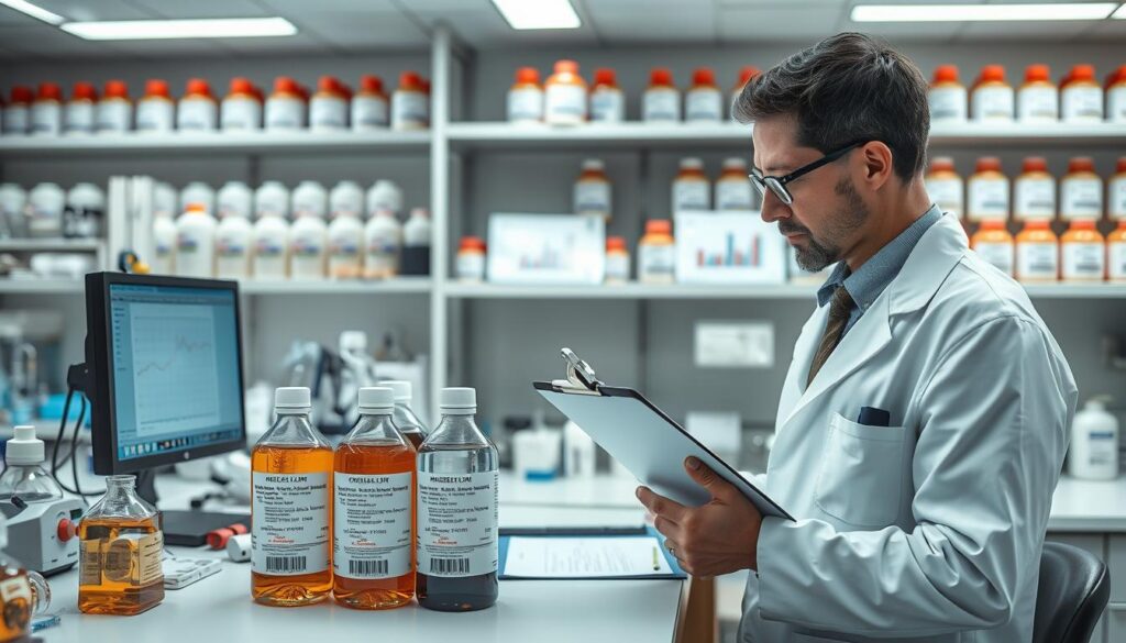 A well-organized laboratory scene focusing on the validation of chemical shelf life data. In the foreground, a professional in a lab coat meticulously examines a set of chemical bottles labeled with detailed shelf life and storage class information, while using a clipboard for notes. The middle ground features a well-lit workbench cluttered with various scientific instruments and a computer displaying data analysis graphs. In the background, shelves filled with orderly rows of labeled chemical containers emphasize proper storage. The lighting is bright and sterile, typical of a lab environment, conveying a sense of diligence and precision. The overall mood is one of professionalism and scientific rigor, showcasing the importance of careful documentation and vendor guidance.