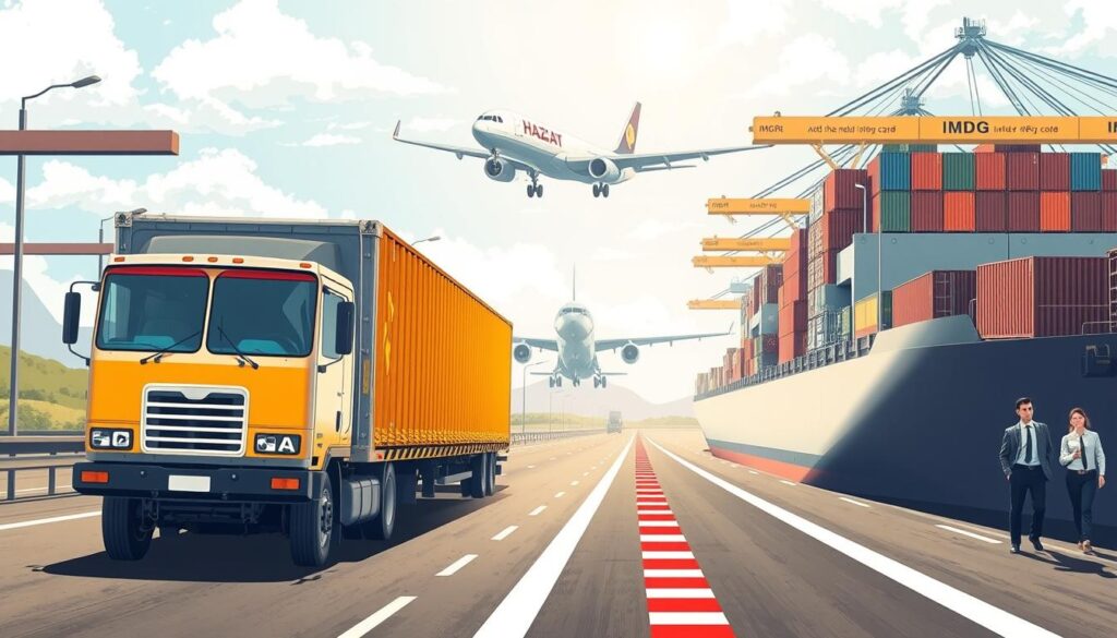An engaging and informative illustration depicting various modes of hazmat transportation: the foreground features a detailed highway scene with a DOT-regulated hazmat truck, prominently displaying appropriate placards. In the middle ground, an airport scene includes a well-marked cargo airplane, following IATA DGR regulations, with attention to safety markings. In the background, a busy port shows cargo ships under the IMDG code, showcasing containers labeled accordingly. The lighting is bright and clear, simulating a sunny day, with a slight tilt for a dynamic perspective. The overall mood is professional and focused, emphasizing the seriousness of hazmat transportation compliance. Ensure no people are depicted, or if included, they wear professional business attire, engaged in oversight activities, adding to the sense of regulatory attention without distractions.