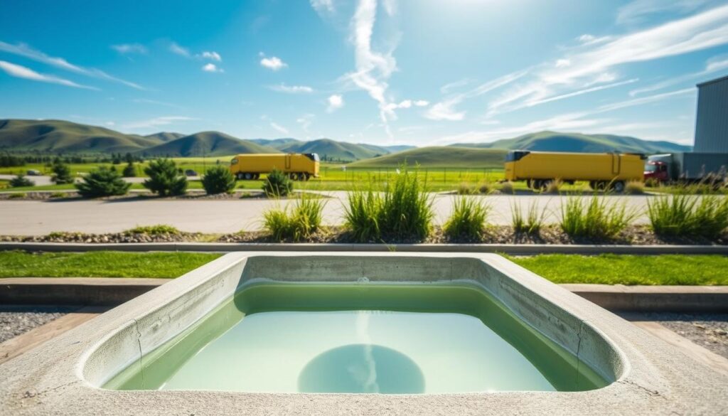 An outdoor spill containment sump located in a well-maintained industrial area, showcasing its robust construction and functional design. In the foreground, a sturdy concrete sump is filled with a clear, clean liquid. The middle ground features a landscape of greenery, including low-maintenance shrubs and grass, providing a contrast to the industrial elements. In the background, gentle rolling hills under a clear blue sky with a few wispy clouds suggest a calm atmosphere. The sun is shining brightly, casting natural light over the scene, highlighting the sump's UV-resistant materials and freeze protection features. The image captures a sense of safety and compliance, making it an ideal representation of effective spill containment management.