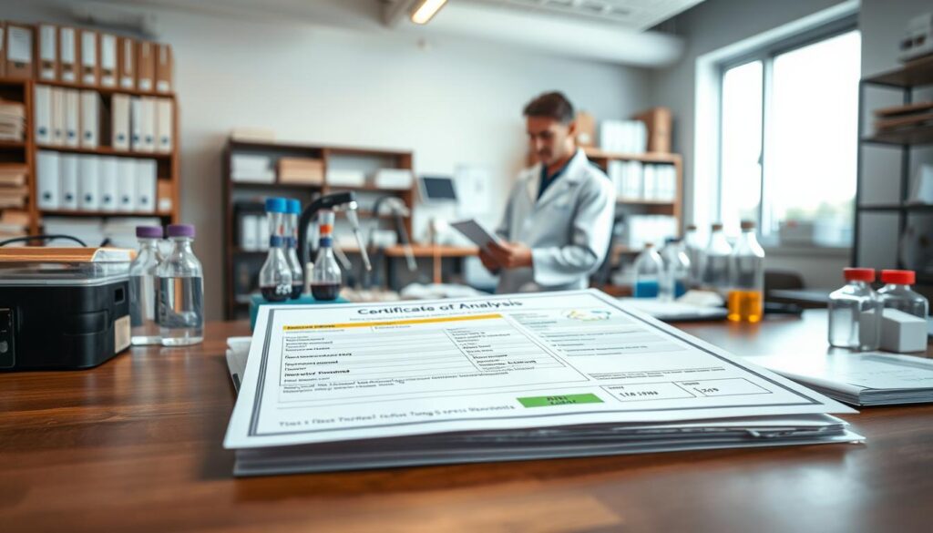 A detailed workspace featuring a Certificate of Analysis (CoA) document spread open on a wooden desk, surrounded by various laboratory testing equipment. In the foreground, focus on the CoA with highlighted sections for product ID, lot/batch, test items, method references (ASTM/ISO/USP), target specifications, and results, meticulously organized. The middle layer captures a professional in a lab coat, examining the CoA under soft, focused lighting, with analytical instruments like pipettes and beakers nearby. In the background, shelves filled with reference books and testing standards create a scholarly atmosphere, while a large window allows natural light to filter in, creating an inviting and intellectual mood. The overall composition is clean and professional, emphasizing the importance of accuracy and reliability in testing methods.