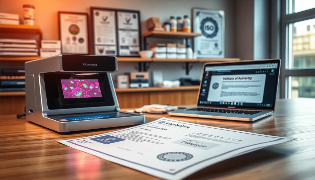 A professional, detailed workspace focusing on the concept of validating the authenticity of a Certificate of Analysis (CoA). In the foreground, a well-organized desk with a neatly placed CoA document featuring holographic watermarks and digital certificate logos, alongside a high-tech scanner displaying a scanning interface. In the middle ground, laboratory equipment, including accreditation certificates on the wall, hinting at ISO standards, with a laptop open to a digital verification platform. The background should include a softly lit laboratory environment with shelves holding various research materials and a scientific poster about watermarking. Warm, natural lighting filters in through a window, creating an atmosphere of professionalism, trust, and diligence. The image should capture a moment of focused examination and quality assurance, emphasizing the importance of validating authenticity in an industrial setting.