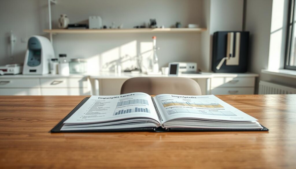 A detailed analysis report on impurities presented on a sleek, well-organized desk. In the foreground, a polished wooden table displays an open report binder with visible charts and graphs illustrating impurity limits for heavy metals and residual solvents. In the middle ground, a clean, modern office environment is visible, featuring a minimalist design with neutrality in colors like white and soft gray. Various laboratory equipment and a digital tablet can be seen in the background, suggesting a professional setting focused on quality control and compliance. Soft, natural lighting filters through a nearby window, casting gentle shadows that enhance the atmosphere of careful examination and diligent reporting. The focus is sharp, emphasizing the report while maintaining a clean and sophisticated aesthetic. A detailed analysis report on impurities presented on a sleek, well-organized desk. In the foreground, a polished wooden table displays an open report binder with visible charts and graphs illustrating impurity limits for heavy metals and residual solvents. In the middle ground, a clean, modern office environment is visible, featuring a minimalist design with neutrality in colors like white and soft gray. Various laboratory equipment and a digital tablet can be seen in the background, suggesting a professional setting focused on quality control and compliance. Soft, natural lighting filters through a nearby window, casting gentle shadows that enhance the atmosphere of careful examination and diligent reporting. The focus is sharp, emphasizing the report while maintaining a clean and sophisticated aesthetic.