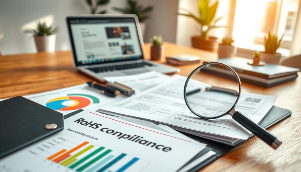 A detailed and organized workspace featuring RoHS compliance documentation scattered over a wooden table. In the foreground, a sleek and well-organized folder labeled "RoHS Compliance" with various colorful charts and graphs illustrating heavy metals monitoring. In the middle, a close-up of a magnifying glass examining a document filled with technical specifications and compliance statements. The background shows a modern office setup with a laptop open to a webpage on regulations, potted plants for a touch of warmth, and soft, natural daylight streaming in from a window, creating a professional and informative atmosphere. The image conveys diligence and thoroughness, emphasizing the importance of compliance in safety and regulation. A detailed and organized workspace featuring RoHS compliance documentation scattered over a wooden table. In the foreground, a sleek and well-organized folder labeled "RoHS Compliance" with various colorful charts and graphs illustrating heavy metals monitoring. In the middle, a close-up of a magnifying glass examining a document filled with technical specifications and compliance statements. The background shows a modern office setup with a laptop open to a webpage on regulations, potted plants for a touch of warmth, and soft, natural daylight streaming in from a window, creating a professional and informative atmosphere. The image conveys diligence and thoroughness, emphasizing the importance of compliance in safety and regulation.