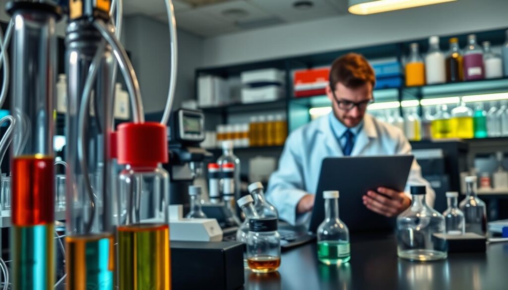 A detailed laboratory scene depicting matrix effects measurement uncertainty in analytical chemistry. In the foreground, a close-up of a liquid chromatography (HPLC) system with connected glass vials and colorful reagents, creating a vibrant contrast. The middle ground features a scientist in professional attire, carefully analyzing data on a laptop, surrounded by various analytical instruments like GC and FT-IR, subtly reflecting sample prep pitfalls. The background is blurred but shows shelves filled with chemical standards and glassware, softly illuminated by overhead lab lights, creating a focused and serious atmosphere. The image should convey a sense of meticulousness and precision in analytical processes, highlighting the importance of accurate measurements without distractions or text overlays.