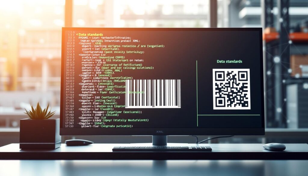 A detailed, professional workspace focused on data standards in a digital environment. In the foreground, an elegant desktop with a high-resolution monitor displaying structured XML and JSON code next to open GS1 barcode specifications. In the middle, a digitally rendered barcode and QR code prominently featured, symbolizing integration and efficiency. The workspace is illuminated by soft, natural lighting, creating a calm and focused atmosphere. In the background, abstract representations of data flow and network connections to depict the integration of ERP/MES systems. The overall mood is innovative and modern, portraying a sense of advancement in data standards and technology.