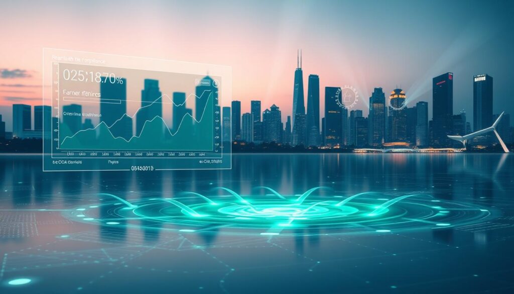 A futuristic data lake scene illustrating secure digital compliance. In the foreground, a large, translucent digital interface displays graphs, signatures, and timestamps, showcasing real-time data analytics. The middle ground features a serene water body with flowing greenish-blue data streams, symbolizing the lake itself, surrounded by glowing data nodes. The background is composed of a modern city skyline at dusk, with lights reflecting information security symbols. Soft, ambient lighting highlights the tranquility of the scene, while beams of light suggest robust security measures. The atmosphere is professional and secure, emphasizing compliance with eCoA standards. The overall color palette is cool and calming, reflecting trust and reliability.