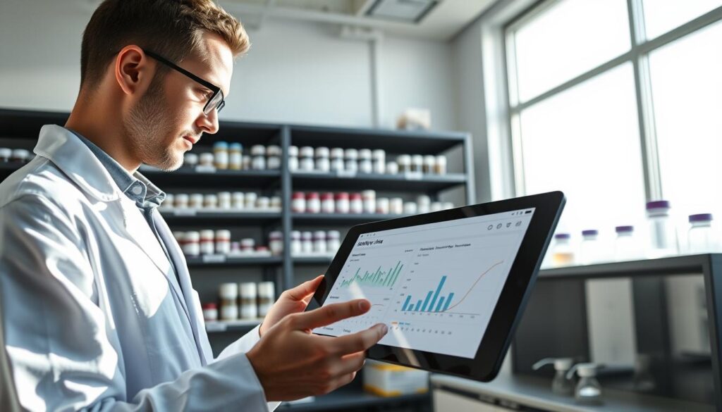 A professional laboratory setting, with a scientist in a white lab coat examining a stability data report on a digital tablet. In the foreground, focus on the tablet displaying graphs and charts of stability data. In the middle ground, shelves filled with clearly labeled samples and storage containers, emphasizing organization and scientific rigor. The background showcases a large window with natural light streaming in, illuminating the room and creating a bright atmosphere. Soft shadows cast by the overhead fluorescent lights highlight the textures of the lab equipment, enhancing attention to detail. The mood is focused and serious, conveying the importance of real-time and accelerated stability data in pharmaceutical or food product testing.