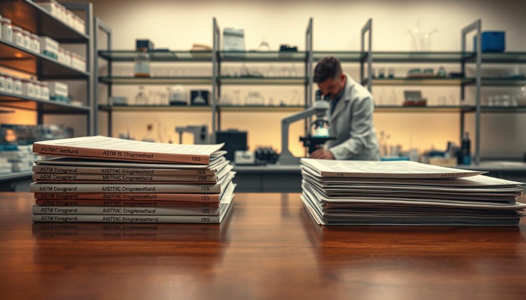 A visually striking, detailed scene depicting a professional laboratory environment focusing on analytical methods standards. In the foreground, a polished wooden table displays an organized array of ASTM and ISO method documents, color-coded and clearly labeled. The middle ground features a laboratory technician in professional attire examining chromatograms with a microscope, highlighting the analytical process. In the background, shelves filled with glassware and scientific instruments, softly illuminated by warm, diffused lighting, create a serene atmosphere of precision and professionalism. The overall mood is one of meticulous organization and diligence, inviting viewers into the world of analytical standards and methodologies. The angle should be slightly elevated, allowing a clear view of the tabletop documents and the technician at work, while maintaining focus on the intricate details of the scene.