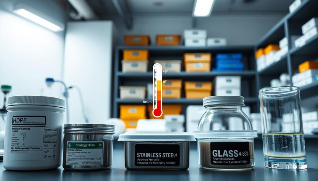 A well-organized laboratory scene showcasing storage conditions and packaging compatibility for various materials. In the foreground, clearly labeled containers made of HDPE, stainless steel, and glass, each demonstrating appropriate storage notes like temperature, humidity, and light exposure. The middle ground features a detailed infographic-style illustration of ideal conditions, such as a thermometer showing optimal temperature ranges and a humidity gauge. The background includes shelving filled with neatly arranged storage boxes and instruments, illuminated by soft, overhead LED lights to create a professional atmosphere. The composition is viewed from a slightly elevated angle, inviting the observer to explore the details of storage compatibility in a clean, efficient workspace.