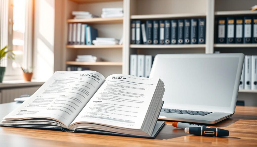 A comprehensive image of a "USP NF standards guide," featuring a polished, well-organized desk setup in a professional office environment. In the foreground, prominently display an open guidebook with clearly visible pages showing charts, tables, and bullet points related to USP/NF guidelines. The middle layer includes a sleek laptop and a highlighter placed nearby, contributing to a scholarly ambiance. In the background, shelves filled with neatly arranged reference books and binders on compliance regulations, like 21 CFR and EU notes, create depth. The lighting is bright and inviting, mimicking natural daylight, casting soft shadows. An overall atmosphere of focus and expertise, evoking the importance of adherence to standards and regulations in the food and pharmaceutical industries. A comprehensive image of a "USP NF standards guide," featuring a polished, well-organized desk setup in a professional office environment. In the foreground, prominently display an open guidebook with clearly visible pages showing charts, tables, and bullet points related to USP/NF guidelines. The middle layer includes a sleek laptop and a highlighter placed nearby, contributing to a scholarly ambiance. In the background, shelves filled with neatly arranged reference books and binders on compliance regulations, like 21 CFR and EU notes, create depth. The lighting is bright and inviting, mimicking natural daylight, casting soft shadows. An overall atmosphere of focus and expertise, evoking the importance of adherence to standards and regulations in the food and pharmaceutical industries.