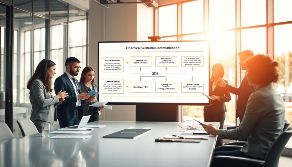 A detailed and organized communication plan for a chemical substitution process. In the foreground, a professional team is gathered around a sleek conference table, dressed in business attire, examining documents and digital devices. In the middle, a large screen displays a clear, visually engaging flowchart highlighting key elements: internal stakeholder roles, customer notifications, and updates on labeling and Safety Data Sheets (SDS). The background features a modern office environment with large windows allowing natural light to filter in, creating a bright, inviting atmosphere. The lighting is warm, emphasizing collaboration and focus. The angle captures the dynamic interaction within the team, portraying a sense of urgency and professionalism in the chemical substitution communication strategy.