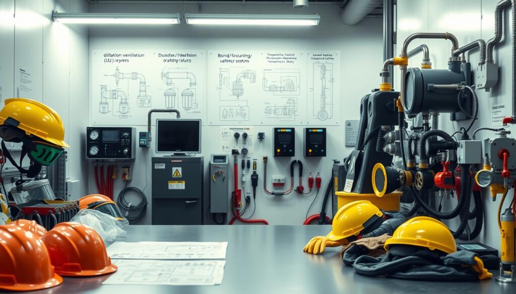 A detailed engineering controls and PPE matrix integration scene in a modern industrial workspace. In the foreground, a well-organized workstation displays PPE such as helmets, goggles, gloves, and respirators, neatly arranged alongside engineering controls like local exhaust ventilation (LEV systems). The middle ground features technical diagrams illustrating dilution ventilation, interlocks, bonding/grounding setups, and temperature/pressure safety systems mounted on the walls. In the background, bright fluorescent lighting casts a clean, professional atmosphere, highlighting the precision of safety equipment and controls. Capture the essence of safety and compliance with a focus on vivid realism, using a slightly elevated angle to show the entire space. The mood is one of diligence and focus, reflecting a commitment to workplace safety in engineering operations.