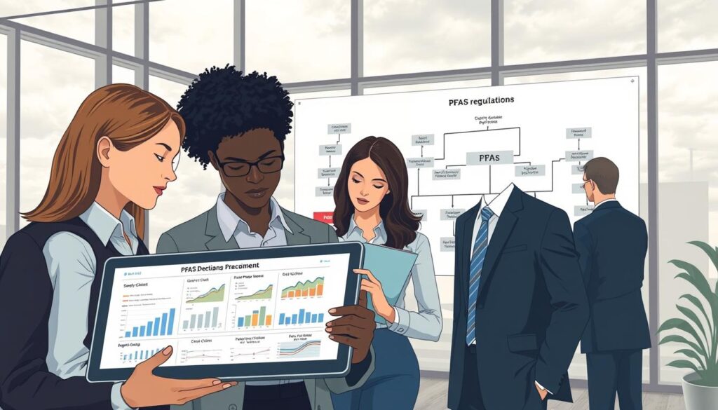 A detailed illustration depicting the PFAS declarations supply chain analysis in a corporate setting. In the foreground, a diverse group of professionals in business attire examines charts and graphs on a digital tablet, analyzing data related to PFAS regulations. In the middle ground, a large display board showcases a flowchart of the supply chain with key PFAS components highlighted. The background features a modern office environment with large windows allowing natural light to illuminate the space. Cloudy skies visible outside, creating a thoughtful atmosphere. The overall mood should be focused and analytical, conveying the urgency and complexity of managing restricted substances. Soft, diffused lighting enhances clarity and professionalism. The composition should feel balanced and organized, inviting viewers to engage with the intricate subject matter without distractions.